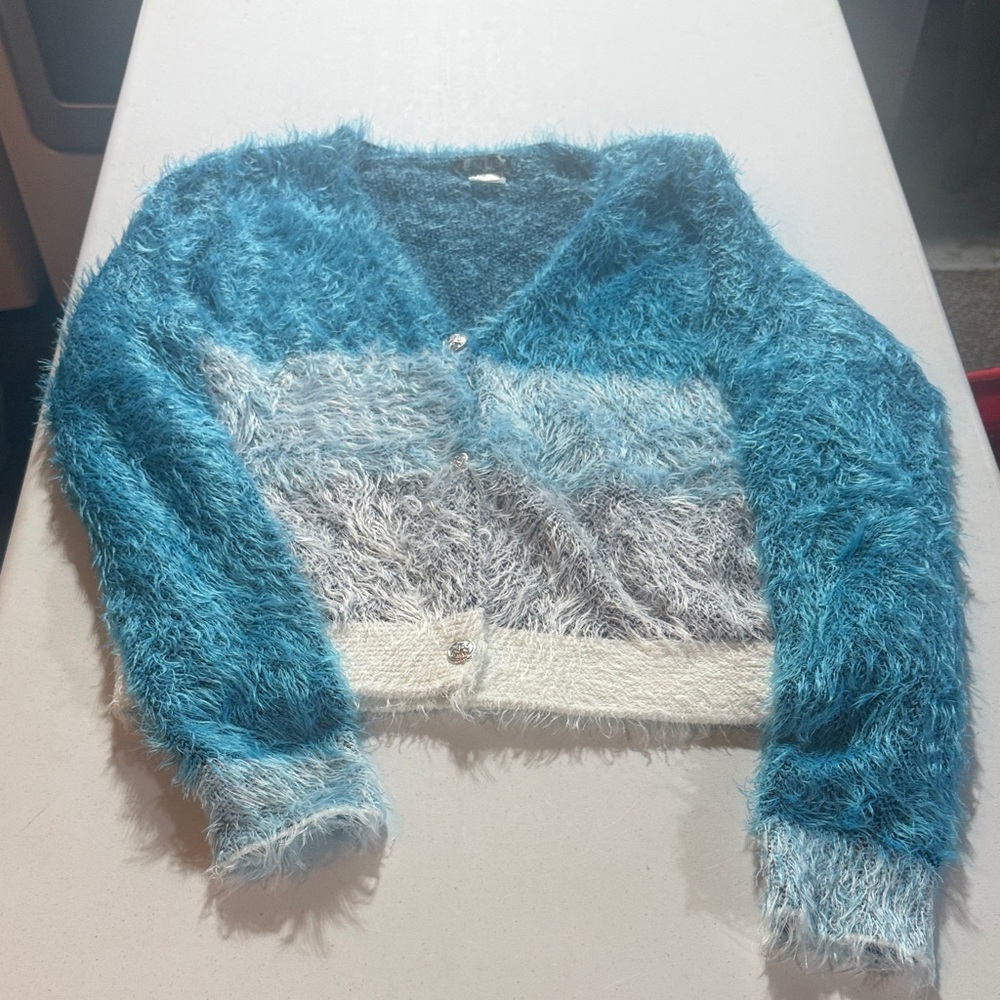 VENUS Blue and Gray Fuzzy Cardigan